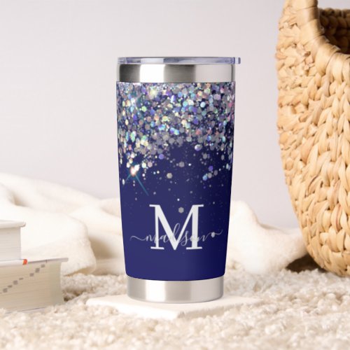 Navy Blue Holographic Silver Glitters Monogram  Insulated Tumbler