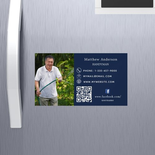 Navy blue home repairs photo QR code handyman Business Card Magnet