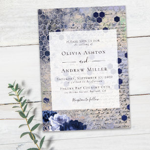 Navy Blue Honeycomb Floral Wedding Invitation