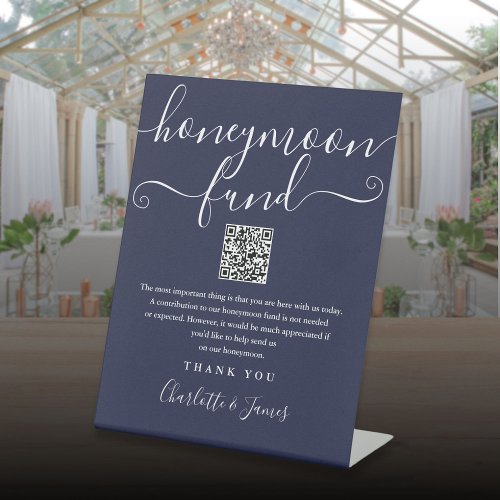 Navy Blue Honeymoon Fund QR Code Pedestal Sign