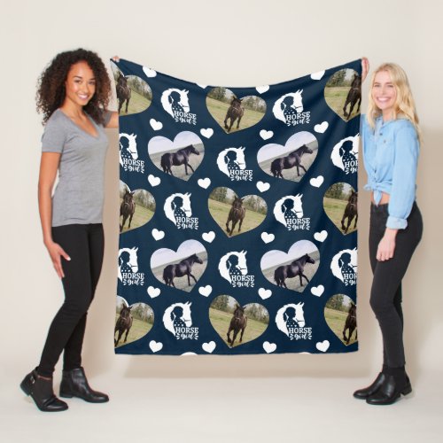 Navy Blue Horse Girl Hearts Photo Fleece Blanket