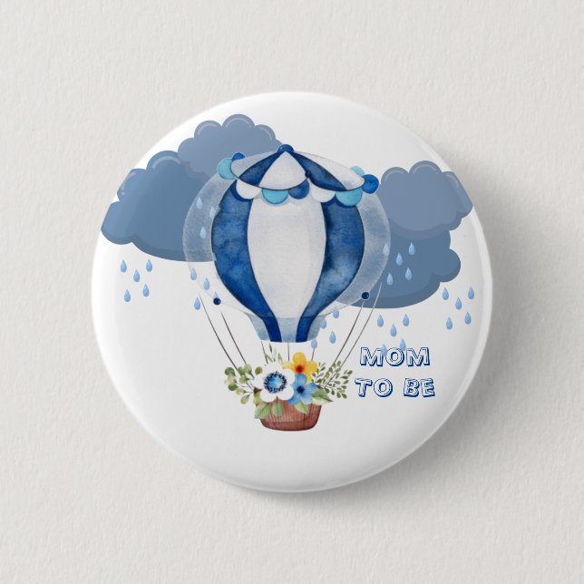 Navy Blue Hot Air Balloon Boy Baby Shower Button (Front)