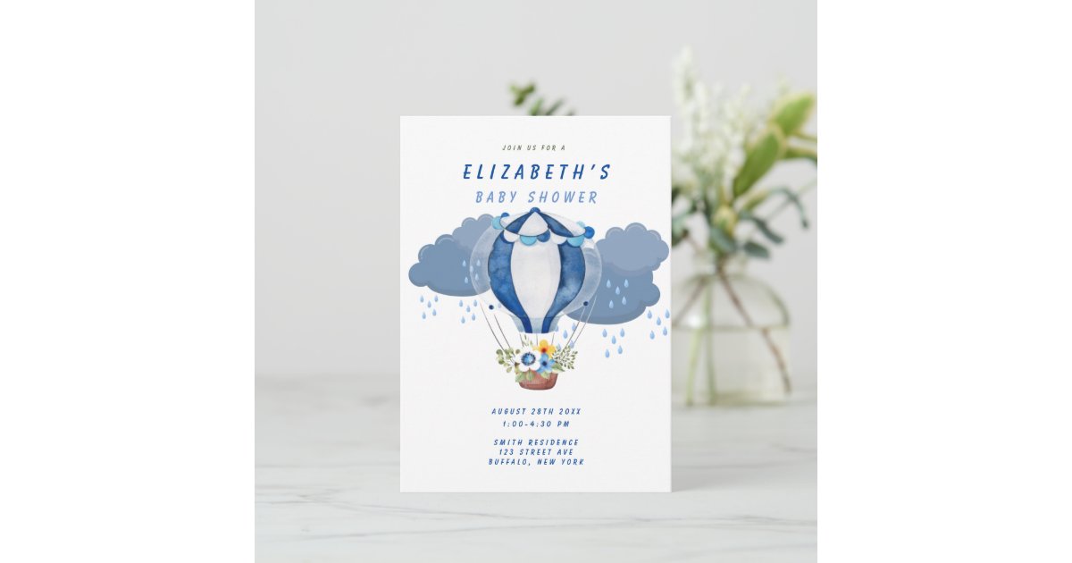 Navy Blue Hot Air Balloon Floral Boy Baby Shower Invitation | Zazzle