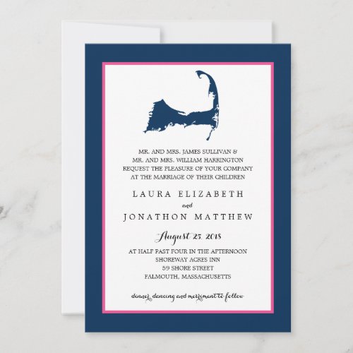 Navy Blue Hot Pink Cape Cod Map  Wedding Invitation