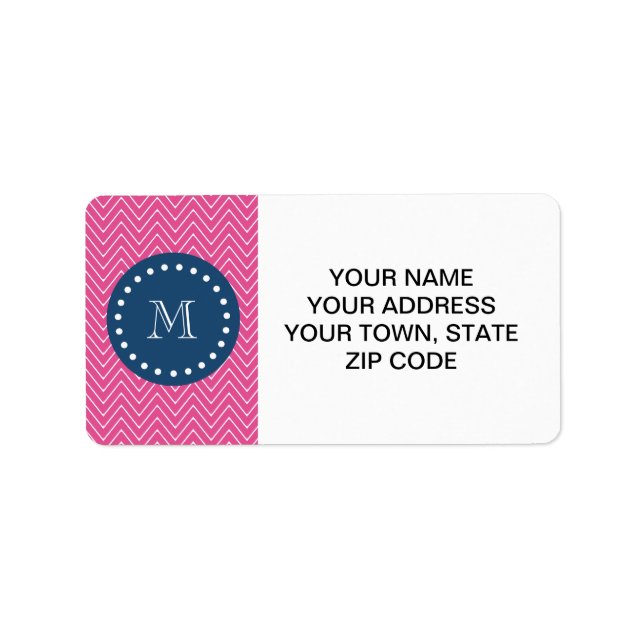 Navy Blue, Hot Pink Chevron Pattern, Your Monogram Label (Front)
