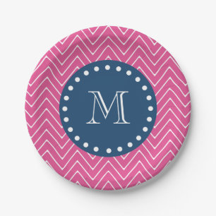 Navy Blue, Hot Pink Chevron Pattern, Your Monogram Paper Plates