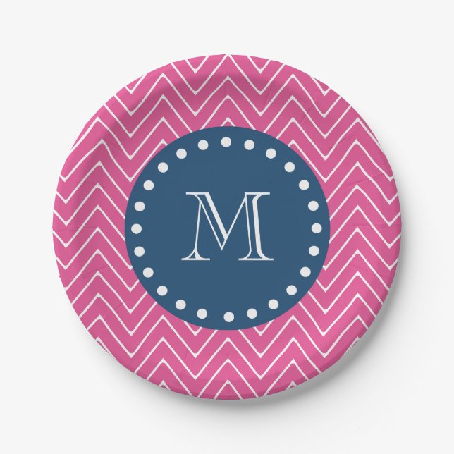 Navy Blue, Hot Pink Chevron Pattern, Your Monogram Paper Plates (Front)