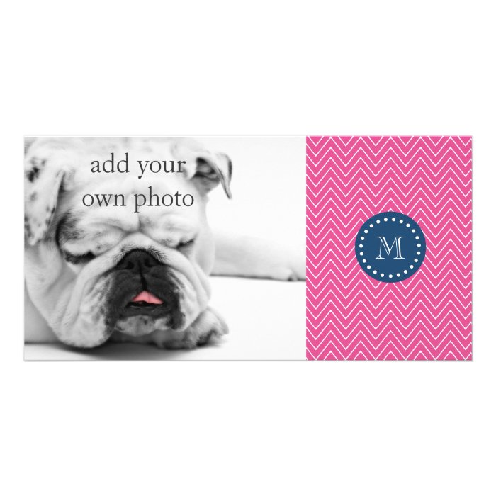 Navy Blue, Hot Pink Chevron Pattern, Your Monogram Picture Card