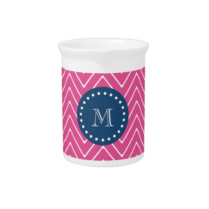 Navy Blue, Hot Pink Chevron Pattern, Your Monogram Drink Pitchers