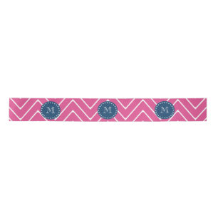 Navy Blue, Hot Pink Chevron Pattern, Your Monogram Satin Ribbon