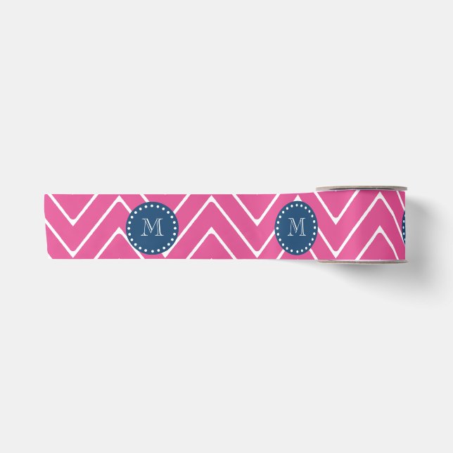 Navy Blue, Hot Pink Chevron Pattern, Your Monogram Satin Ribbon (Front)
