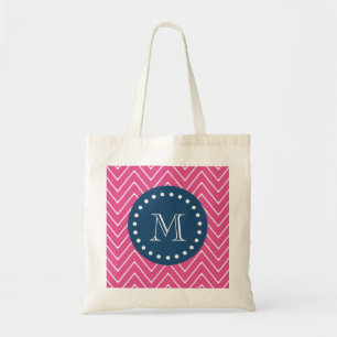 Navy Blue, Hot Pink Chevron Pattern, Your Monogram Tote Bag