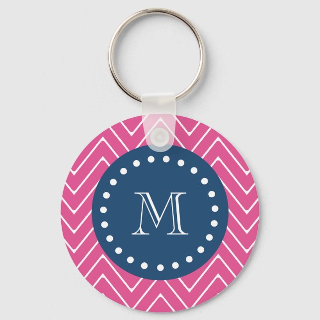 Navy Blue, Hot Pink Chevron | Your Monogram Keychain (Front)