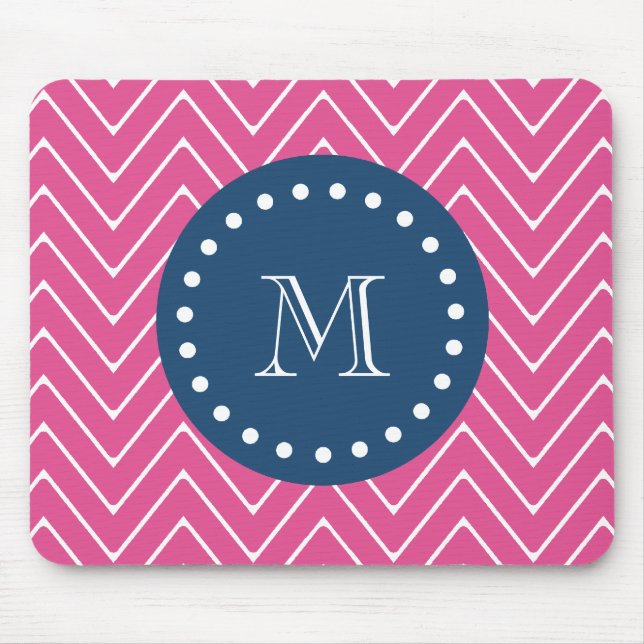 Navy Blue, Hot Pink Chevron | Your Monogram Mouse Pad (Front)