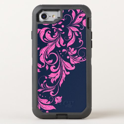 Navy Blue  Hot Pink Floral Lace Glitter Texture OtterBox Defender iPhone SE87 Case