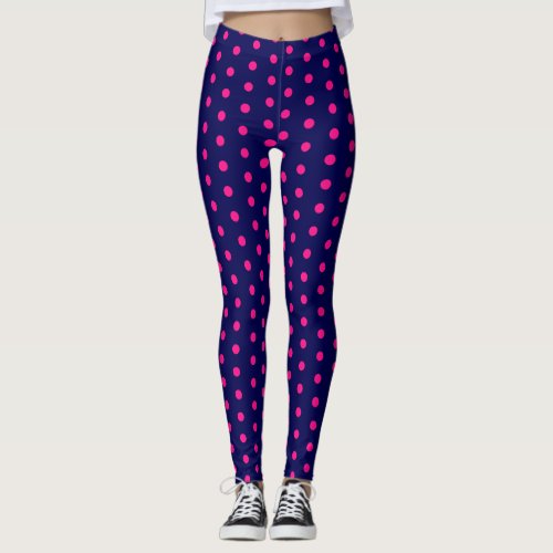 Navy blue hot pink polka dots retro pattern cute leggings