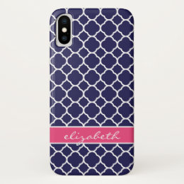 Navy Blue & Hot Pink Quatrefoil Custom Monogram iPhone X Case