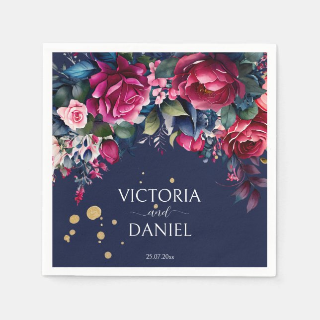 Navy blue hot pink roses personalized wedding napkins (Front)
