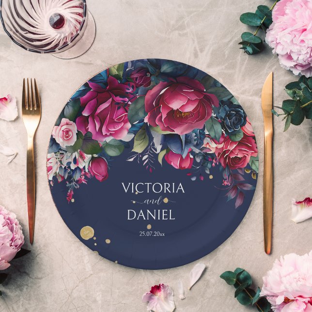 Navy blue hot pink roses personalized wedding paper plates (Creator Uploaded)