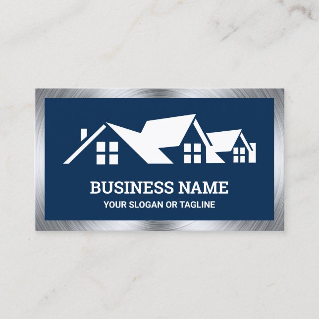 Navy Blue House Roofing Construction Roofer Business Card (Front)