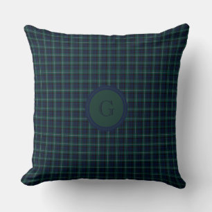 Navy Blue, Hunter Green Tartan Plaid Monogrammed Throw Pillow