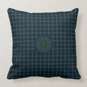 Navy Blue, Hunter Green Tartan Plaid Monogrammed Throw Pillow