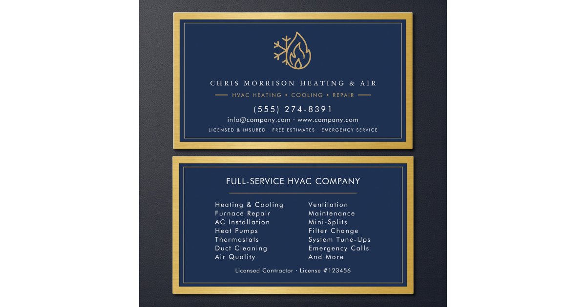 Navy Blue HVAC Company QR Code Gold Metallic Business Card | Zazzle