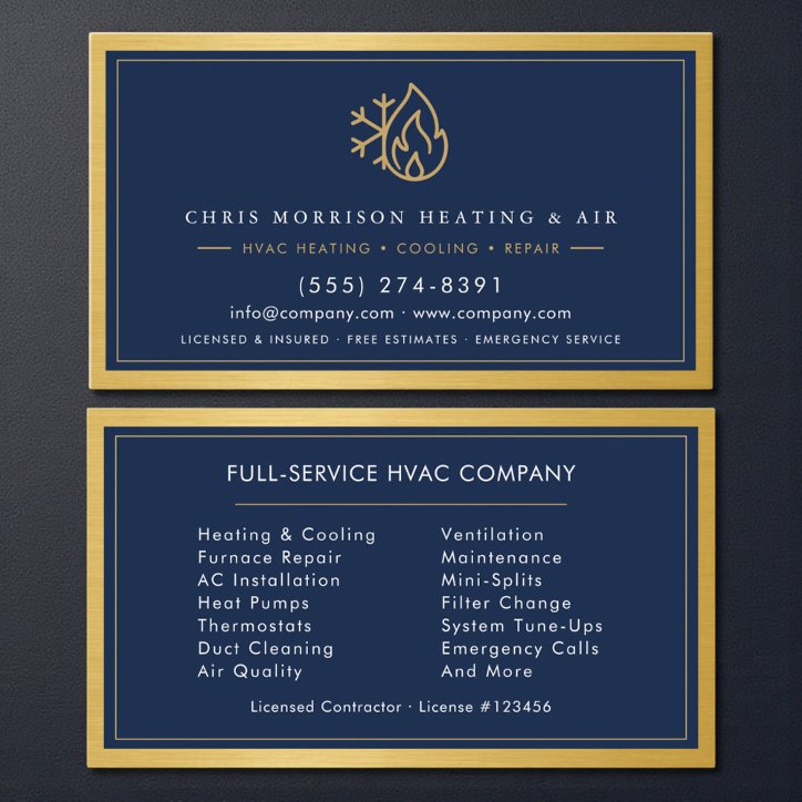 Navy Blue Hvac Company QR Code Gold Metallic Business Card