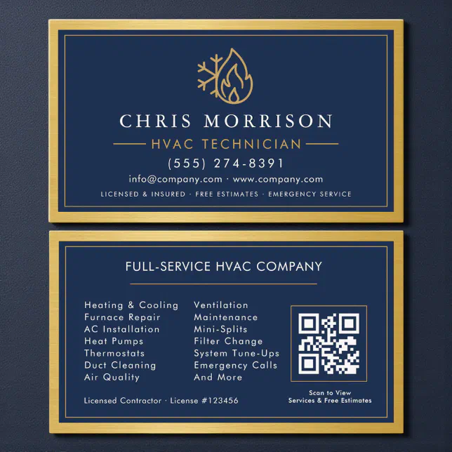Navy Blue HVAC Contractor QR Code Gold Metallic Business Card | Zazzle