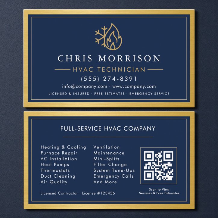 Navy Blue Hvac Contractor QR Code Gold Metallic Business Card