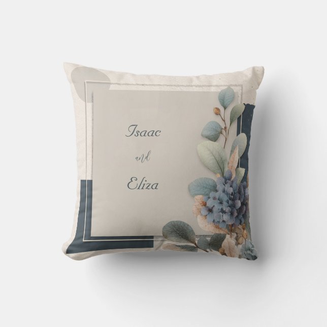 Navy Blue Hydrangea and Geometric Taupe Modern Throw Pillow (Front)