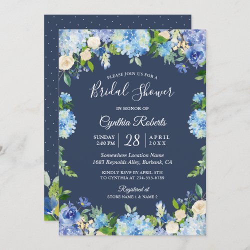 Navy Blue Hydrangea Floral Gorgeous Bridal Shower Invitation