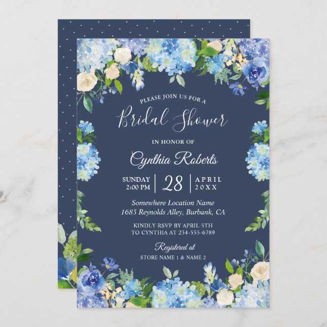 Navy Blue Hydrangea Floral Gorgeous Bridal Shower Invitation (Front/Back)