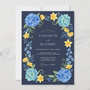 Navy Blue Hydrangea Floral Watercolor Wedding Invitation