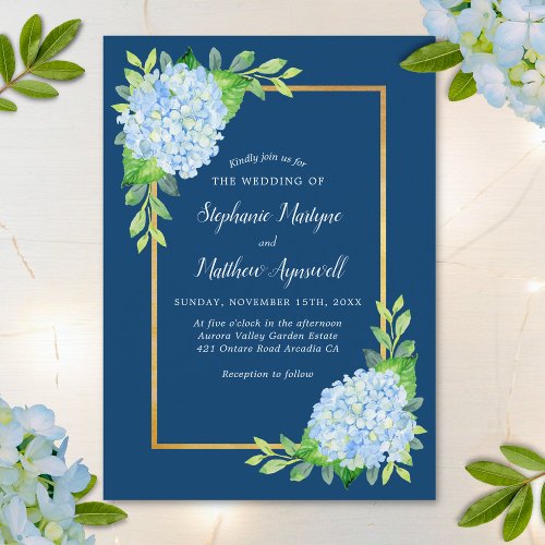 Navy Blue Hydrangea Gold Border Wedding Invitation
