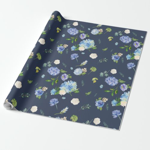 Navy Blue Hydrangea Wedding Wrapping Paper