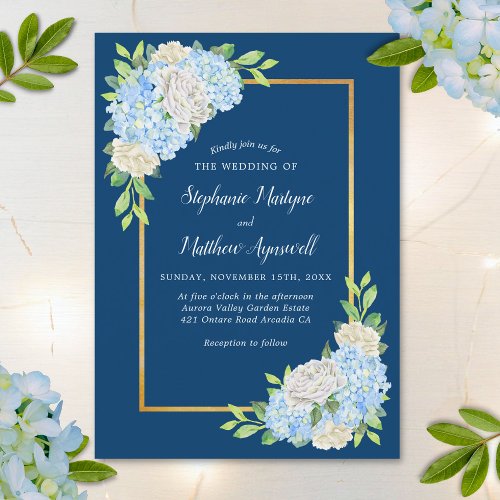 Navy Blue Hydrangea White Roses Gold Wedding Invitation