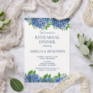 Navy Blue Hydrangea Wood Wedding Rehearsal Dinner Invitation