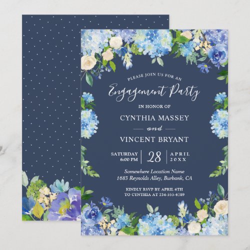 Navy Blue Hydrangeas Floral Engagement Party Card