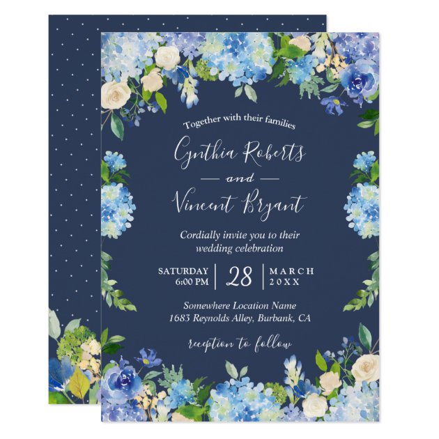 Navy Blue Hydrangeas Floral Romantic Wedding Invitation