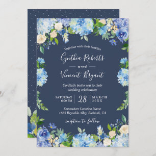 Navy Blue Hydrangeas Floral Romantic Wedding Invitation