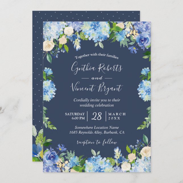 Navy Blue Hydrangeas Floral Romantic Wedding Invitation (Front/Back)