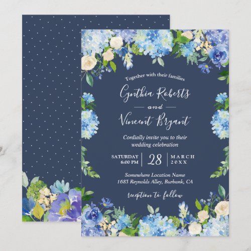 Navy Blue Hydrangeas Floral Romantic Wedding Card