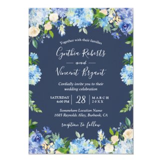 Navy Blue Hydrangeas Floral Romantic Wedding Invitation