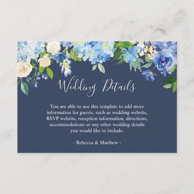 Navy Blue Hydrangeas Floral Wedding Info Details Enclosure Card