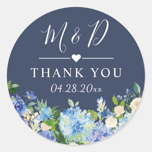 Navy Blue Hydrangeas Floral Wedding Thank You Classic Round Sticker