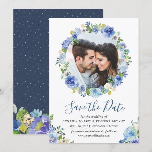 Navy Blue Hydrangeas Floral Wreath Save the Date