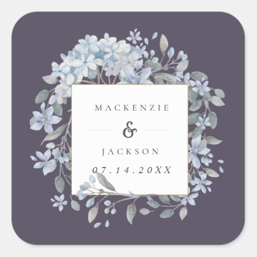 Navy  Blue Hydrangeas Frame Watercolor Wedding Square Sticker
