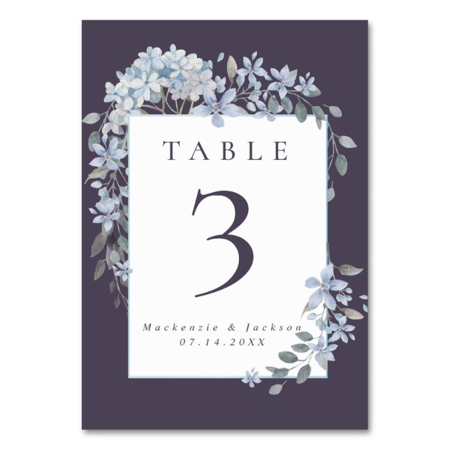Navy Blue Hydrangeas Frame Watercolor Wedding Table Number (Front)