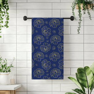 Navy Blue I Gold Flowers Pattern Bath Towel Set
